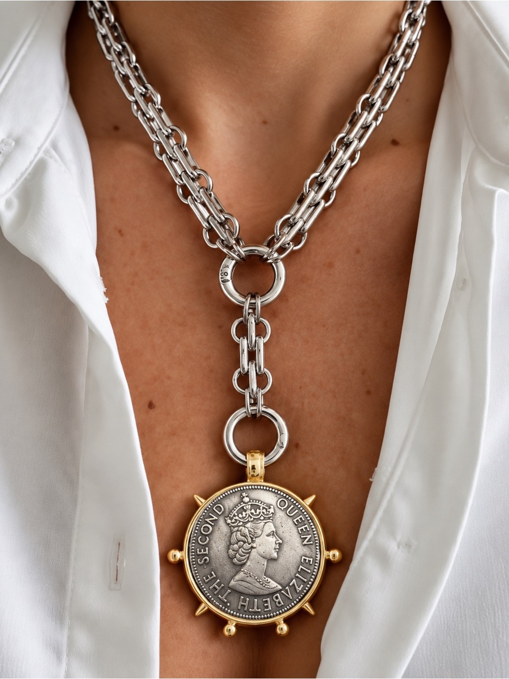 Silver Plated Queen Elizabeth II Coin Necklace – Silver Coin Y Lariat